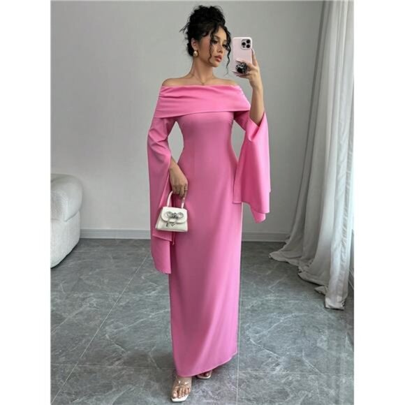 Asymmetric Sleeve Ruffle Detail Off-Shoulder Elegant Dress Maxi Women Outfit - Picture 6 of 6